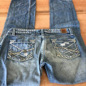 BKE Sabrina Boot Cut Jeans Women 26 Blue Low Rise Distressed Rhinestone Stretch